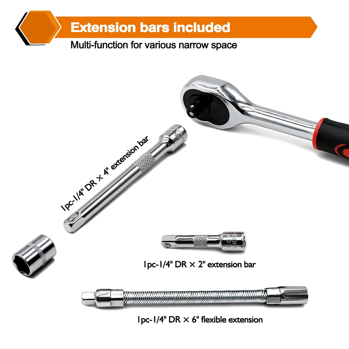 Egofine 46 Pieces 1/4 inch Drive Socket Ratchet Wrench Set, with Bit Socket Set Metric and Extension Bar for Auto Repairing and Household, with Storage Case