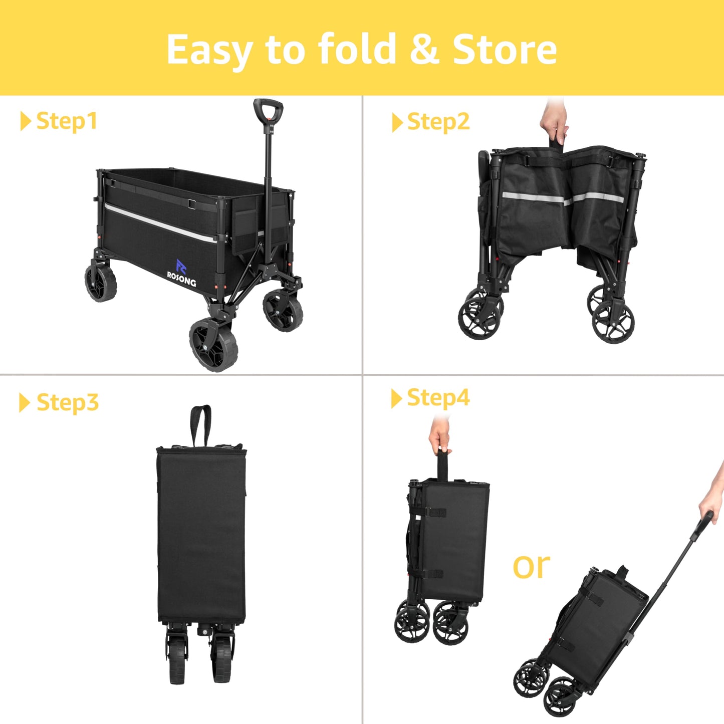 ROSONG Collapsible Wagon Cart with Wheels Foldable - Folding Utility Heavy Duty Wagons Carts for Grocery Sports Garden Shopping Camping Wheelbarrows (Black, 120L)