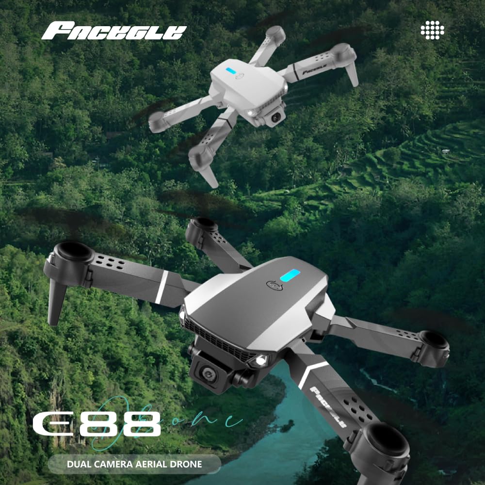 E88 Drone With Dual Camera, Mobile App Control, Indoor Flying Toy RC Plane With Video Function - Ideal Gift For Beginners, Christmas Halloween Thanksgiving Birthday Gift (Gray+Dual Batteries)