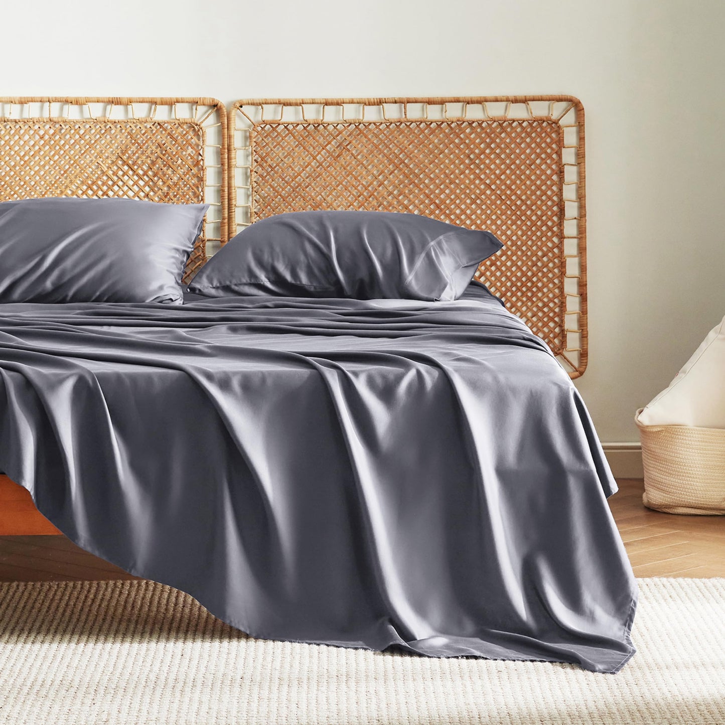 Bedsure GentleSoft Queen Sheet Set, Cooling Sheets for Queen Size Bed Set, Rayon Derived from Bamboo, Breathable & Soft, Deep Pocket Up to 16", Hotel Luxury Silky Bedding for Hot Sleepers, Dark Grey
