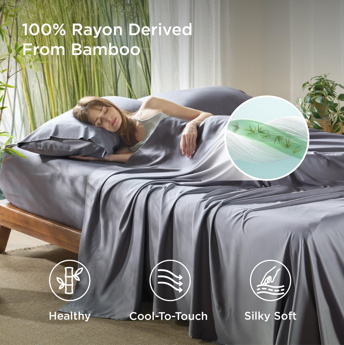 Bedsure GentleSoft Queen Sheet Set, Cooling Sheets for Queen Size Bed Set, Rayon Derived from Bamboo, Breathable & Soft, Deep Pocket Up to 16", Hotel Luxury Silky Bedding for Hot Sleepers, Dark Grey