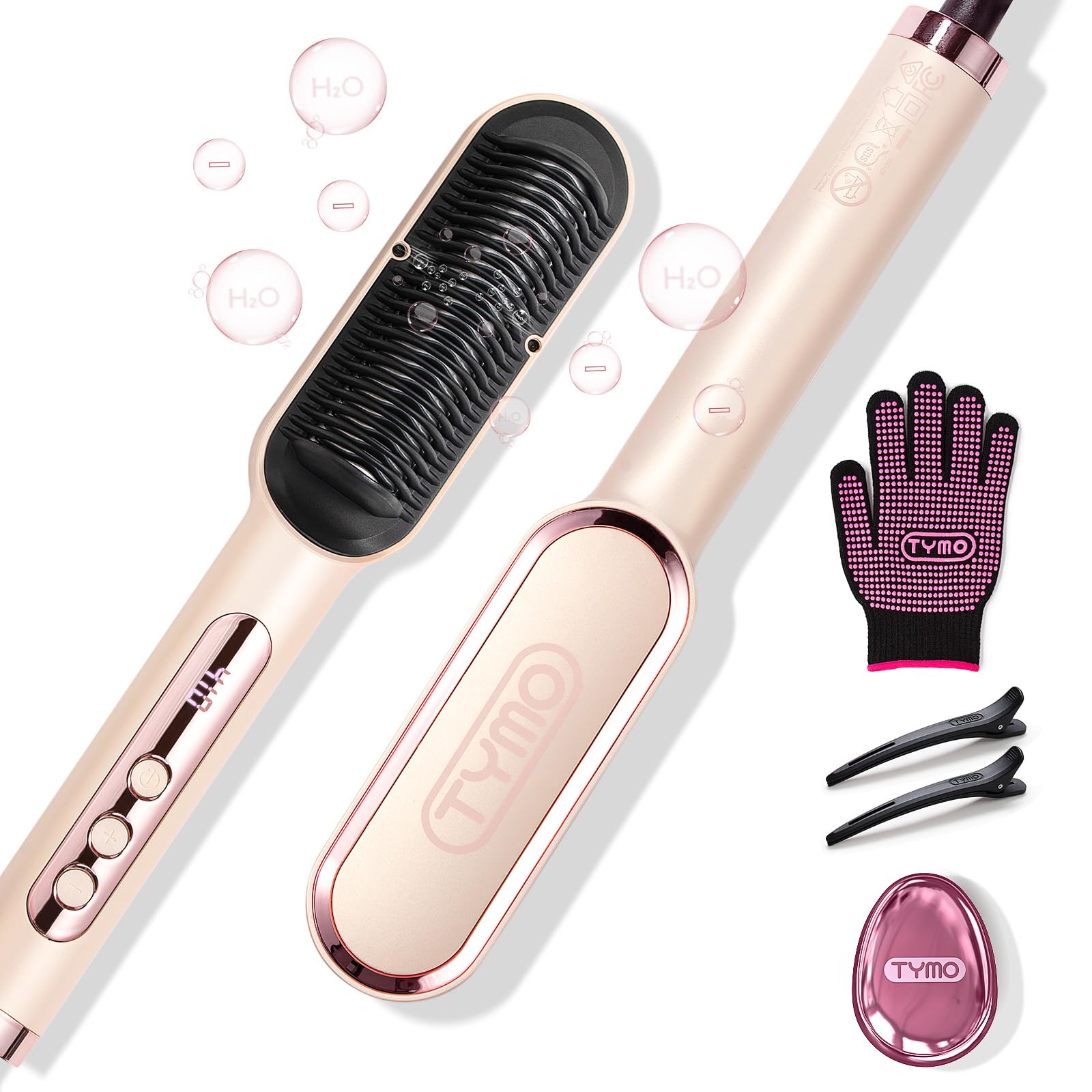 TYMO Ring Plus Ionic Hair Straightener Brush - Straightening Comb with Negative Ions for Women, Titanium Coating, 9 Temp Settings & LED Display, Dual Voltage, Professional Styling Tools